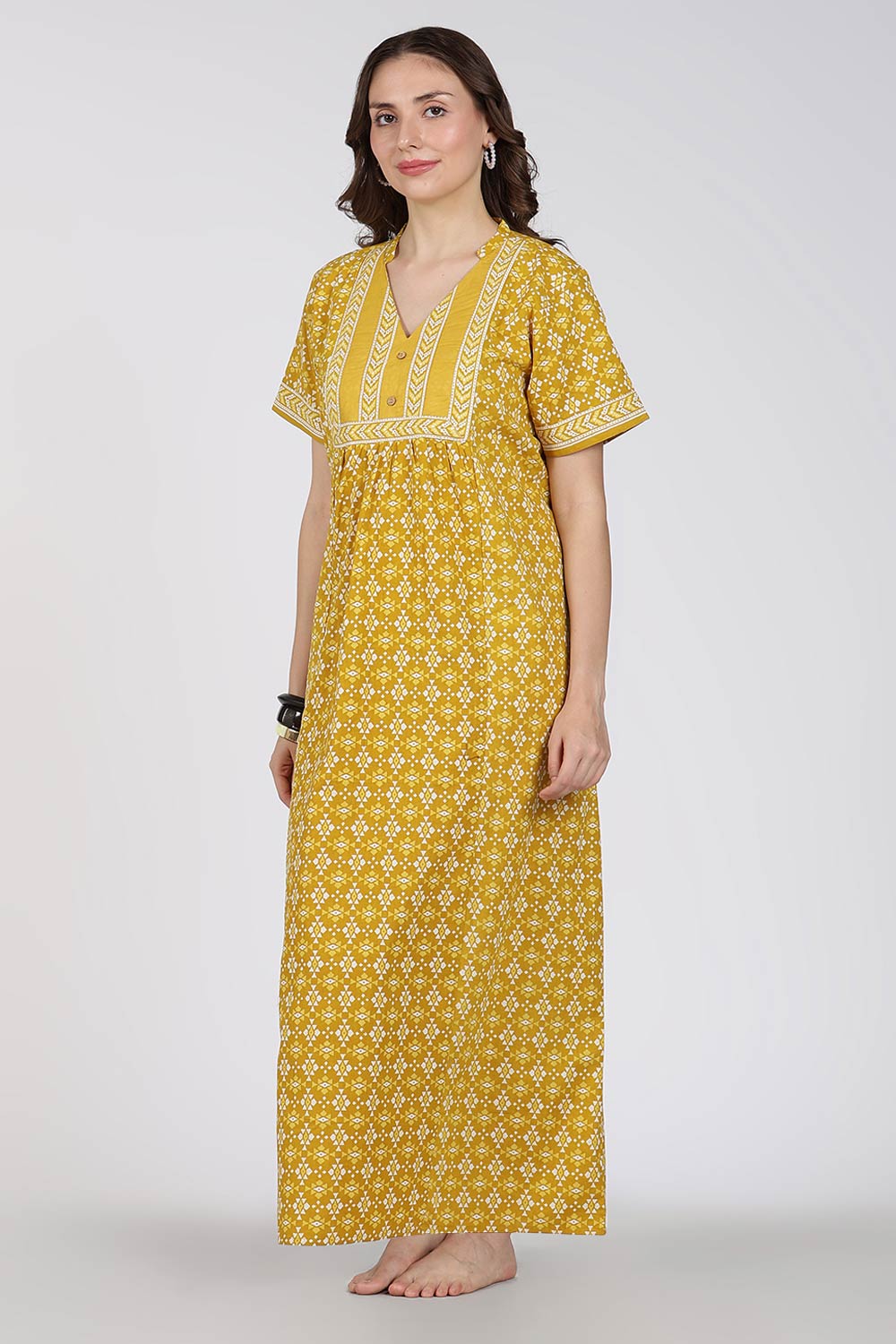 Naidu Hall Printed Cotton Nighty for Women – Full Length Relax Fit Sleepwear with Mandarin Collar & Panel Design | Comfortable Daily Wear Nighty
 - NB45