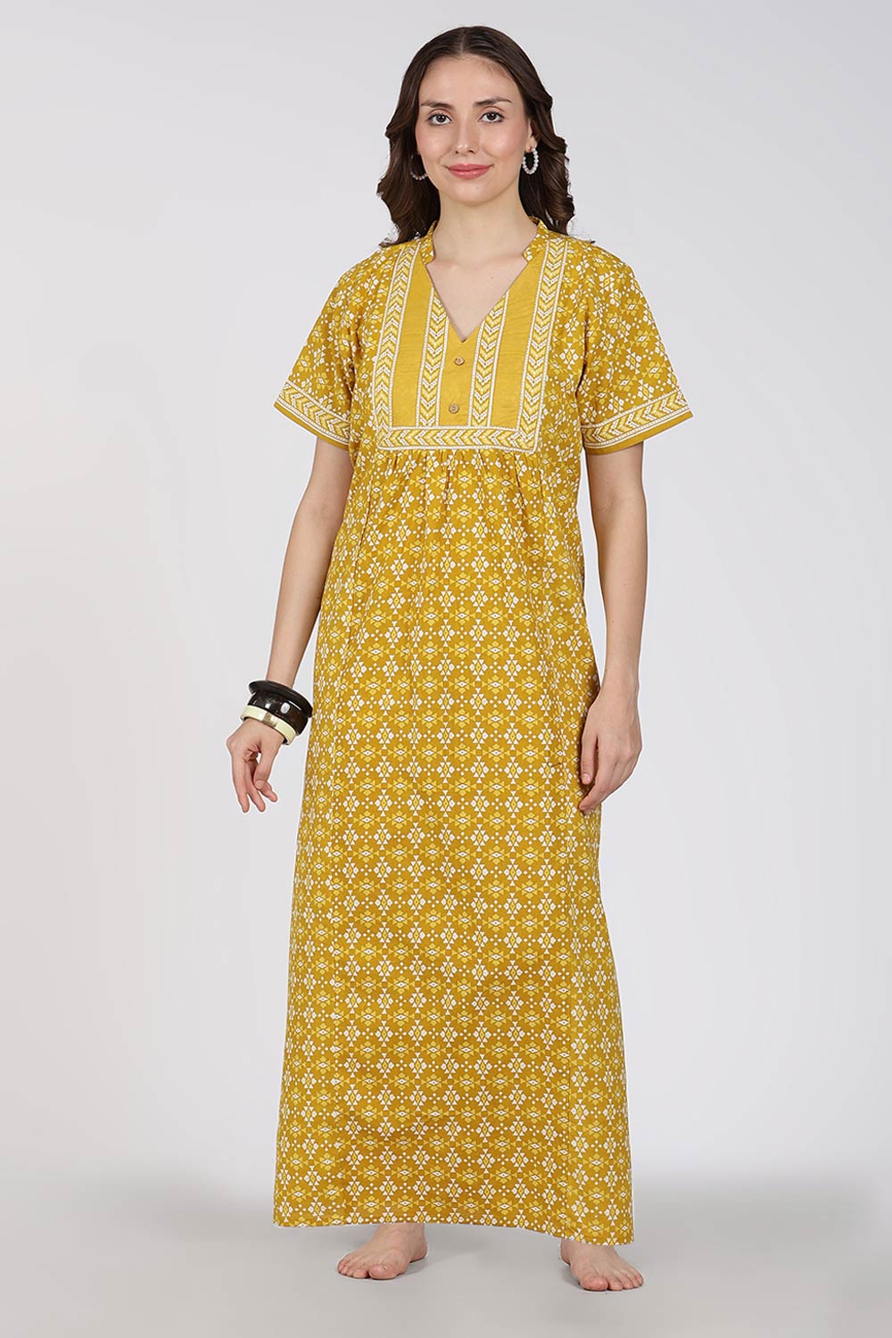 Naidu Hall Printed Cotton Nighty for Women – Full Length Relax Fit Sleepwear with Mandarin Collar & Panel Design | Comfortable Daily Wear Nighty
 - NB45