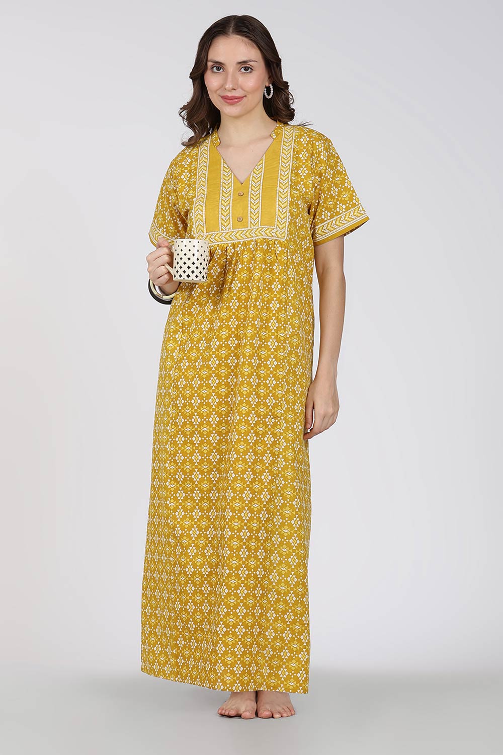 Naidu Hall Printed Cotton Nighty for Women – Full Length Relax Fit Sleepwear with Mandarin Collar & Panel Design | Comfortable Daily Wear Nighty
 - NB45