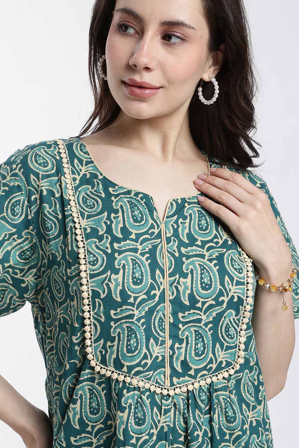 Naidu Hall Women’s Printed Cotton Nighty – Full Length Nighty with V-Slit Round Neck, Lace Yoke & Side Pocket | Comfortable Daily Wear & Sleepwear for Women
 - NB46