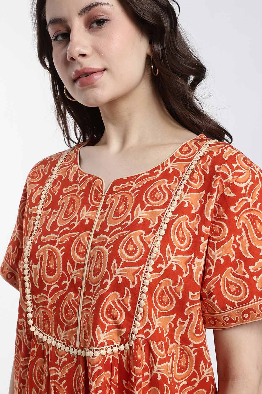 Naidu Hall Women’s Printed Cotton Nighty – Full Length Nighty with V-Slit Round Neck, Lace Yoke & Side Pocket | Comfortable Daily Wear & Sleepwear for Women
 - NB46