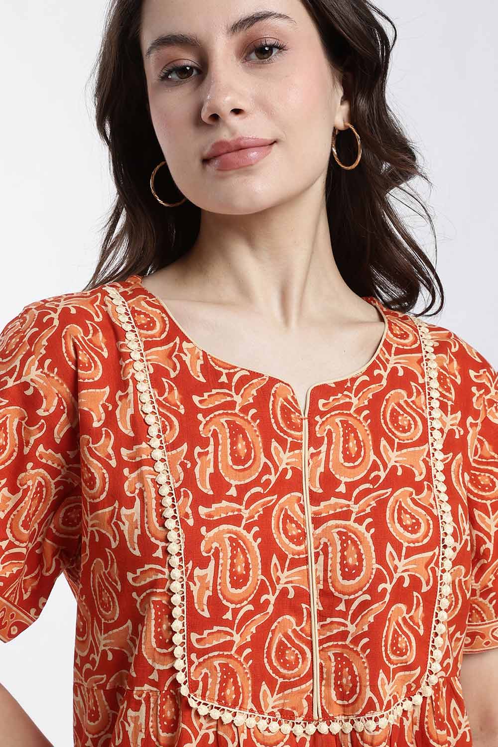 Naidu Hall Women’s Printed Cotton Nighty – Full Length Nighty with V-Slit Round Neck, Lace Yoke & Side Pocket | Comfortable Daily Wear & Sleepwear for Women
 - NB46