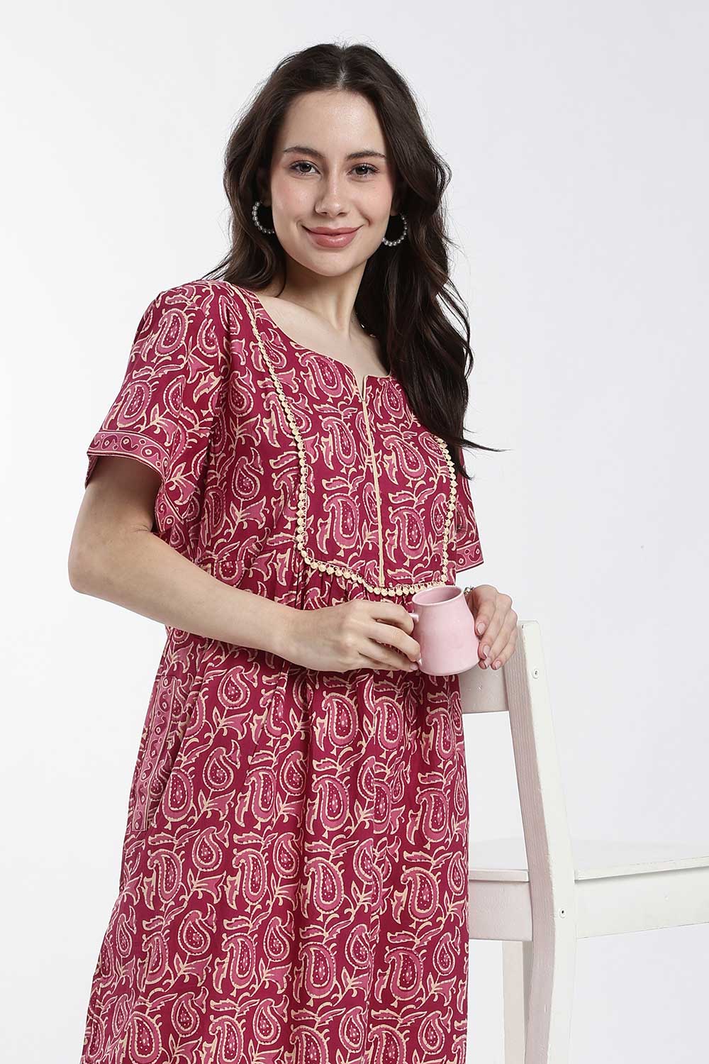 Naidu Hall Women’s Printed Cotton Nighty – Full Length Nighty with V-Slit Round Neck, Lace Yoke & Side Pocket | Comfortable Daily Wear & Sleepwear for Women
 - NB46