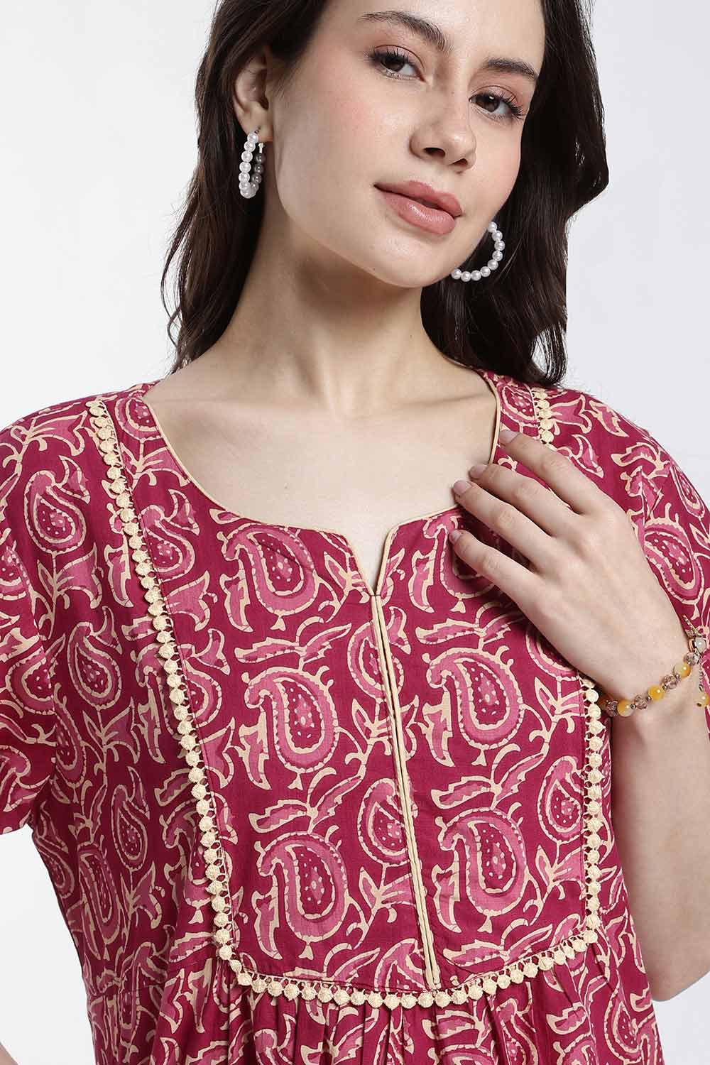 Naidu Hall Women’s Printed Cotton Nighty – Full Length Nighty with V-Slit Round Neck, Lace Yoke & Side Pocket | Comfortable Daily Wear & Sleepwear for Women
 - NB46