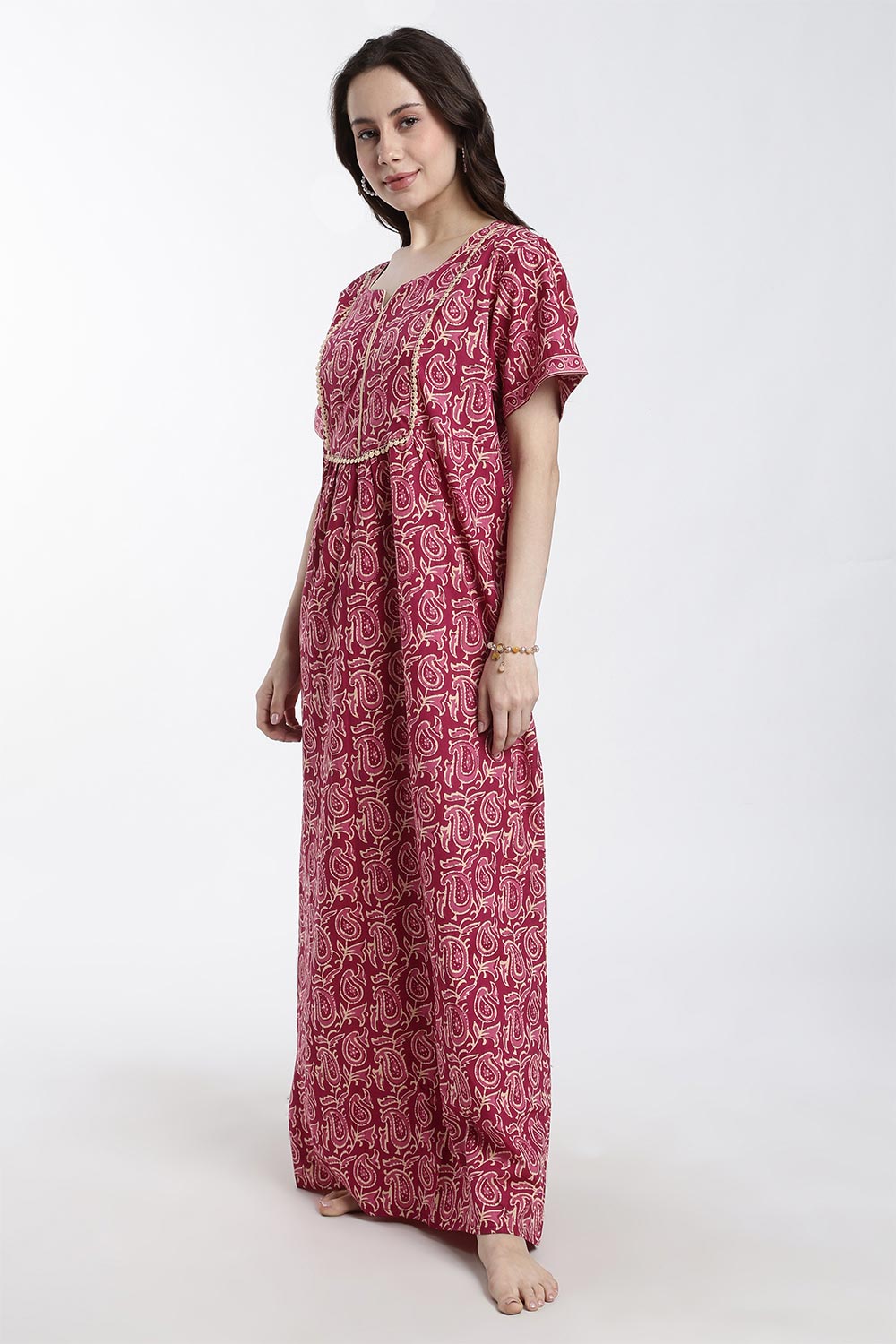 Naidu Hall Women’s Printed Cotton Nighty – Full Length Nighty with V-Slit Round Neck, Lace Yoke & Side Pocket | Comfortable Daily Wear & Sleepwear for Women
 - NB46