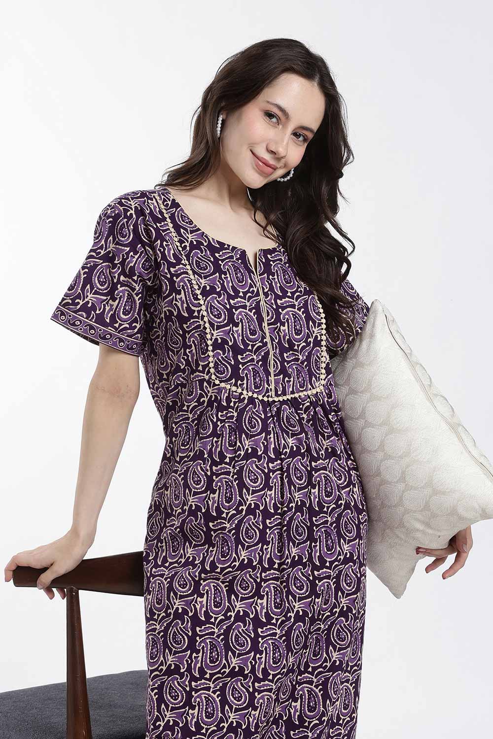 Naidu Hall Women’s Printed Cotton Nighty – Full Length Nighty with V-Slit Round Neck, Lace Yoke & Side Pocket | Comfortable Daily Wear & Sleepwear for Women
 - NB46