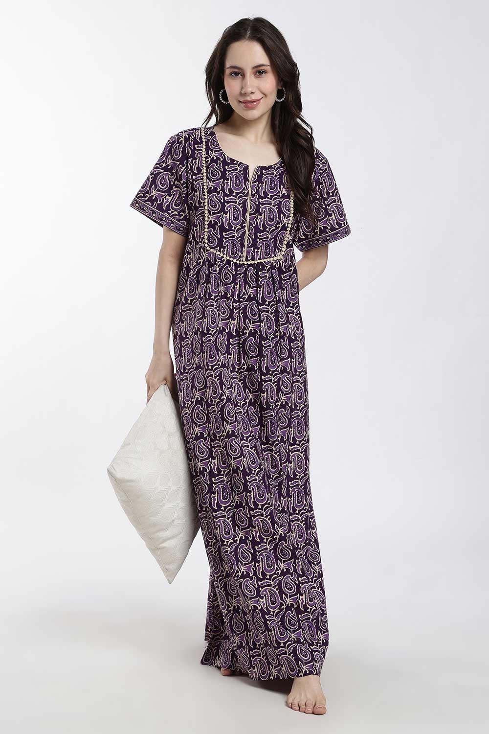 Naidu Hall Women’s Printed Cotton Nighty – Full Length Nighty with V-Slit Round Neck, Lace Yoke & Side Pocket | Comfortable Daily Wear & Sleepwear for Women
 - NB46