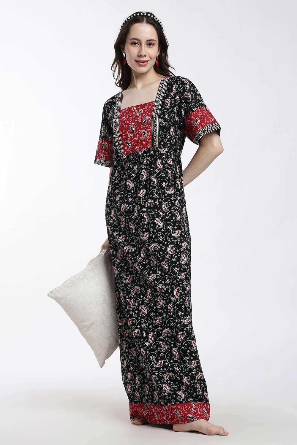 Naidu Hall Women’s Printed Cotton Nighty – Full Length Box Neck Nighty with Underbust Gathers & Patchwork Detail | Daily Wear Sleepwear for Women
 - NB47