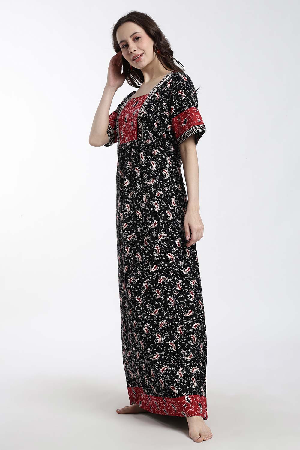 Naidu Hall Women’s Printed Cotton Nighty – Full Length Box Neck Nighty with Underbust Gathers & Patchwork Detail | Daily Wear Sleepwear for Women
 - NB47
