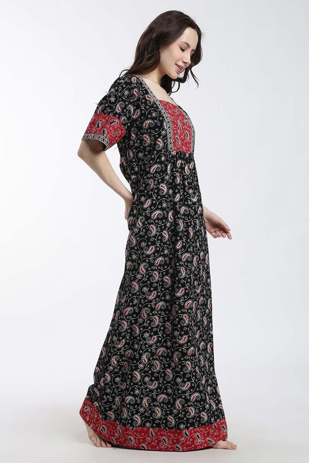 Naidu Hall Women’s Printed Cotton Nighty – Full Length Box Neck Nighty with Underbust Gathers & Patchwork Detail | Daily Wear Sleepwear for Women
 - NB47