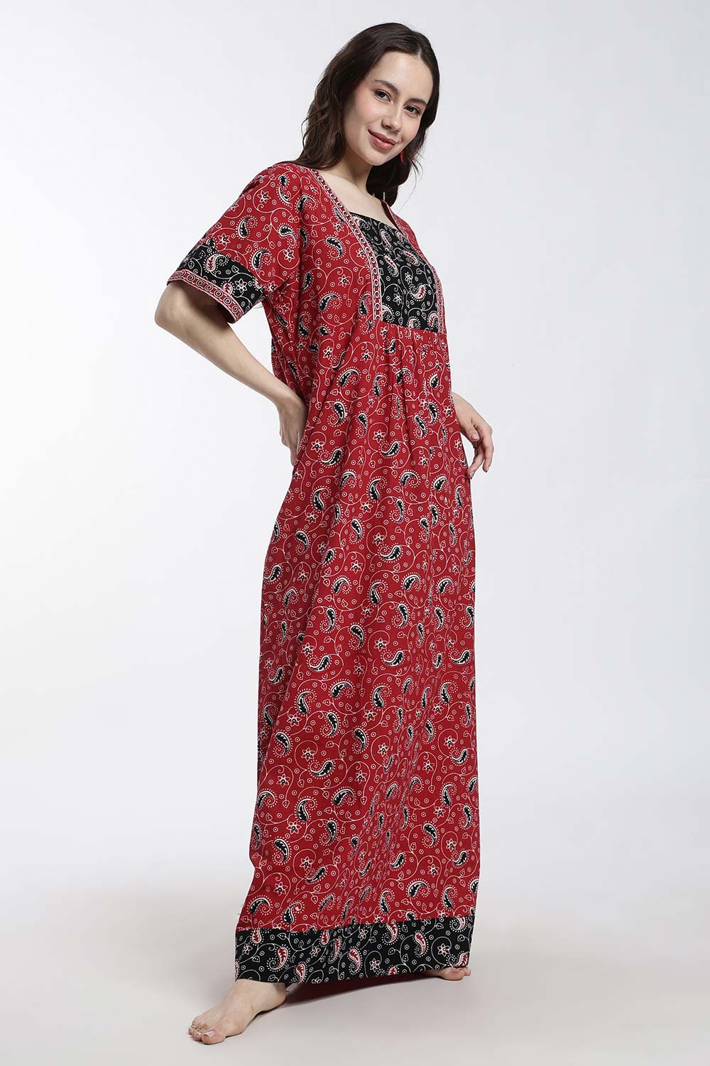 Naidu Hall Women’s Printed Cotton Nighty – Full Length Box Neck Nighty with Underbust Gathers & Patchwork Detail | Daily Wear Sleepwear for Women
 - NB47