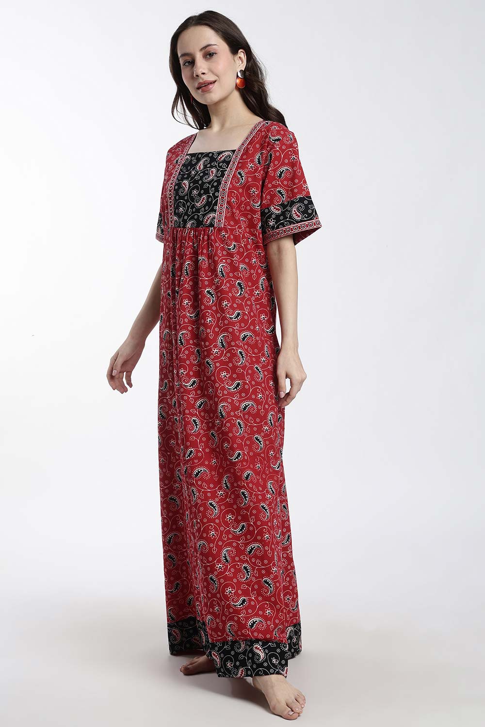 Naidu Hall Women’s Printed Cotton Nighty – Full Length Box Neck Nighty with Underbust Gathers & Patchwork Detail | Daily Wear Sleepwear for Women
 - NB47
