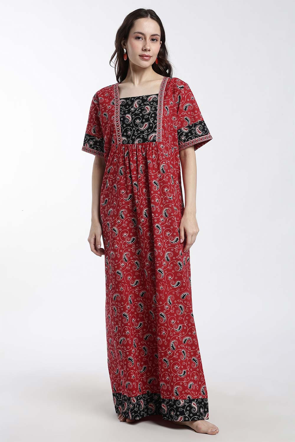 Naidu Hall Women’s Printed Cotton Nighty – Full Length Box Neck Nighty with Underbust Gathers & Patchwork Detail | Daily Wear Sleepwear for Women
 - NB47