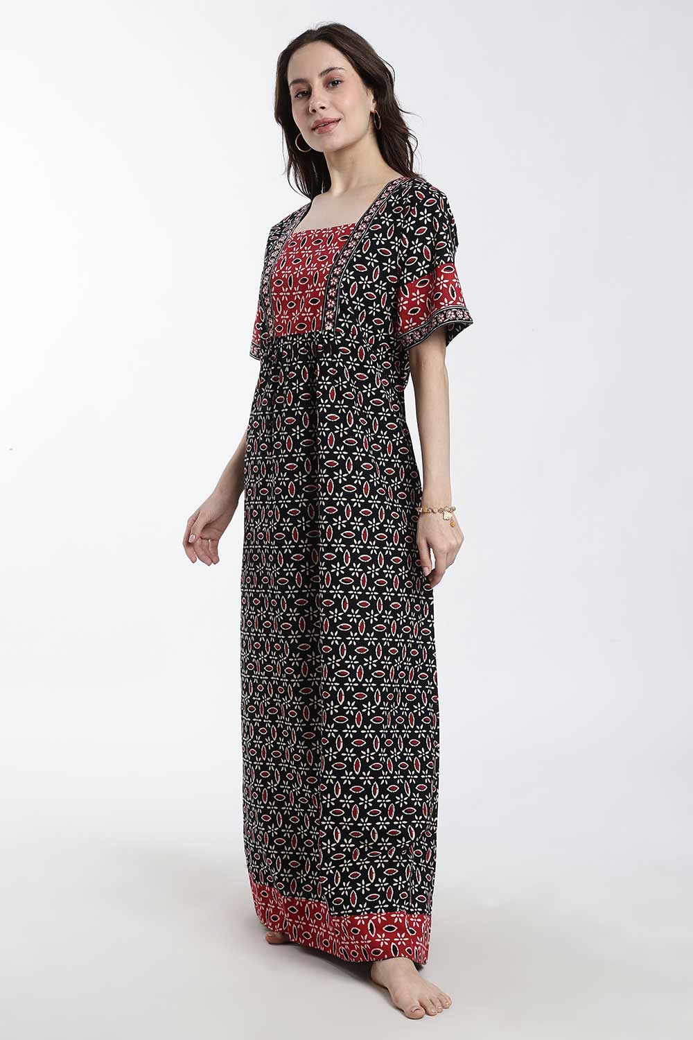 Naidu Hall Women’s Printed Cotton Nighty – Full Length Box Neck Nightdress with Patchwork Detail | Comfortable Women’s Sleepwear
 - NB48