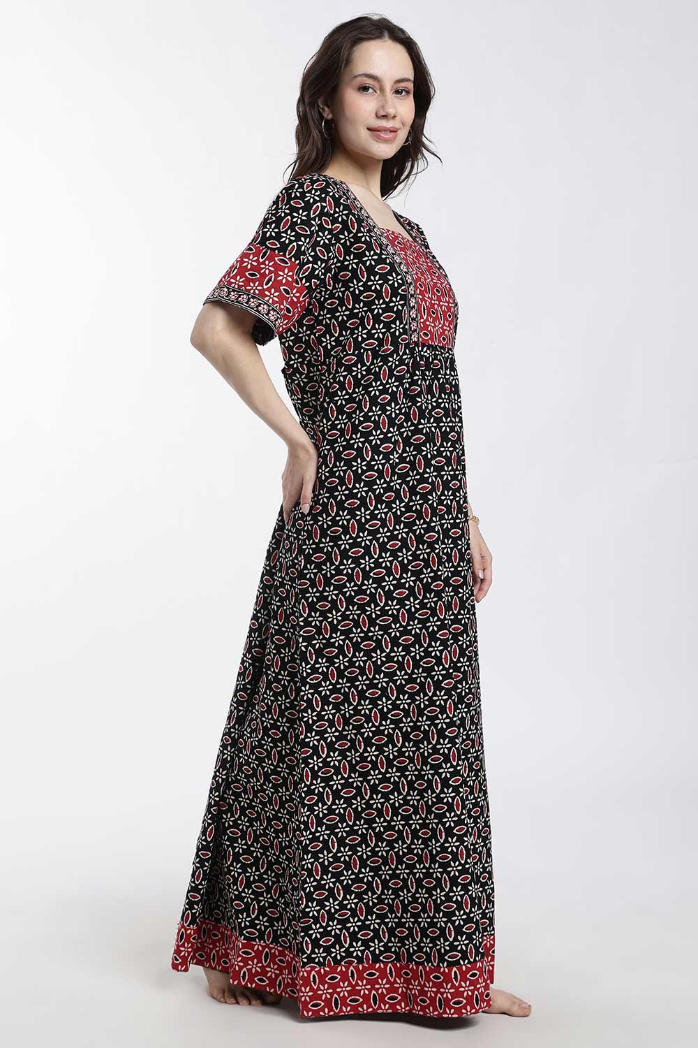 Naidu Hall Women’s Printed Cotton Nighty – Full Length Box Neck Nightdress with Patchwork Detail | Comfortable Women’s Sleepwear
 - NB48