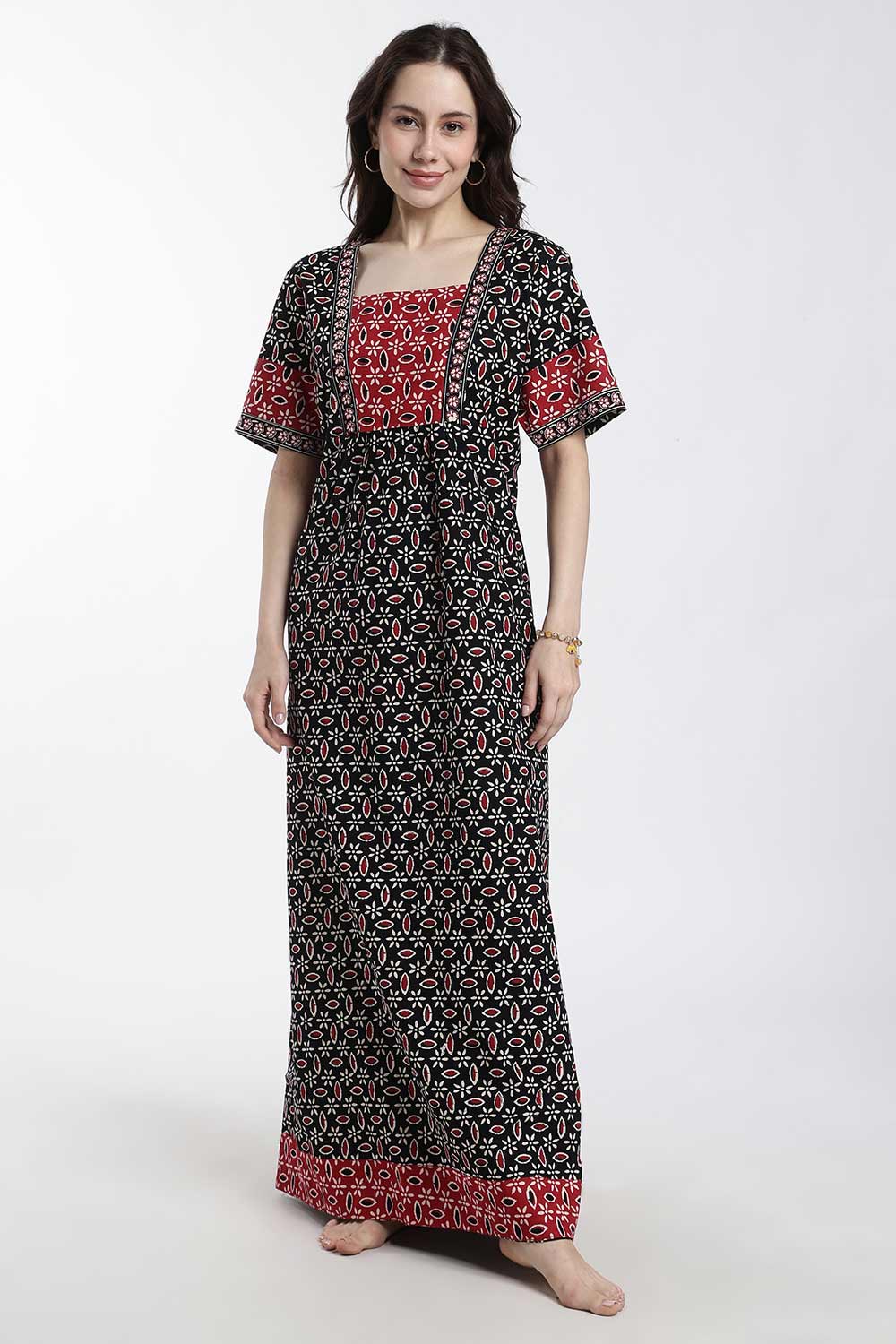 Naidu Hall Women’s Printed Cotton Nighty – Full Length Box Neck Nightdress with Patchwork Detail | Comfortable Women’s Sleepwear
 - NB48