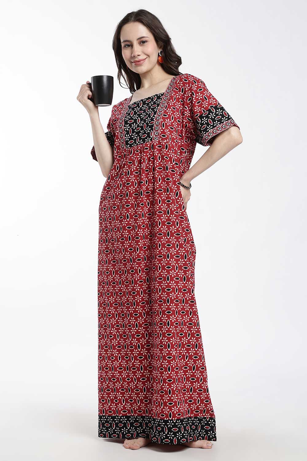 Naidu Hall Women’s Printed Cotton Nighty – Full Length Box Neck Nightdress with Patchwork Detail | Comfortable Women’s Sleepwear
 - NB48