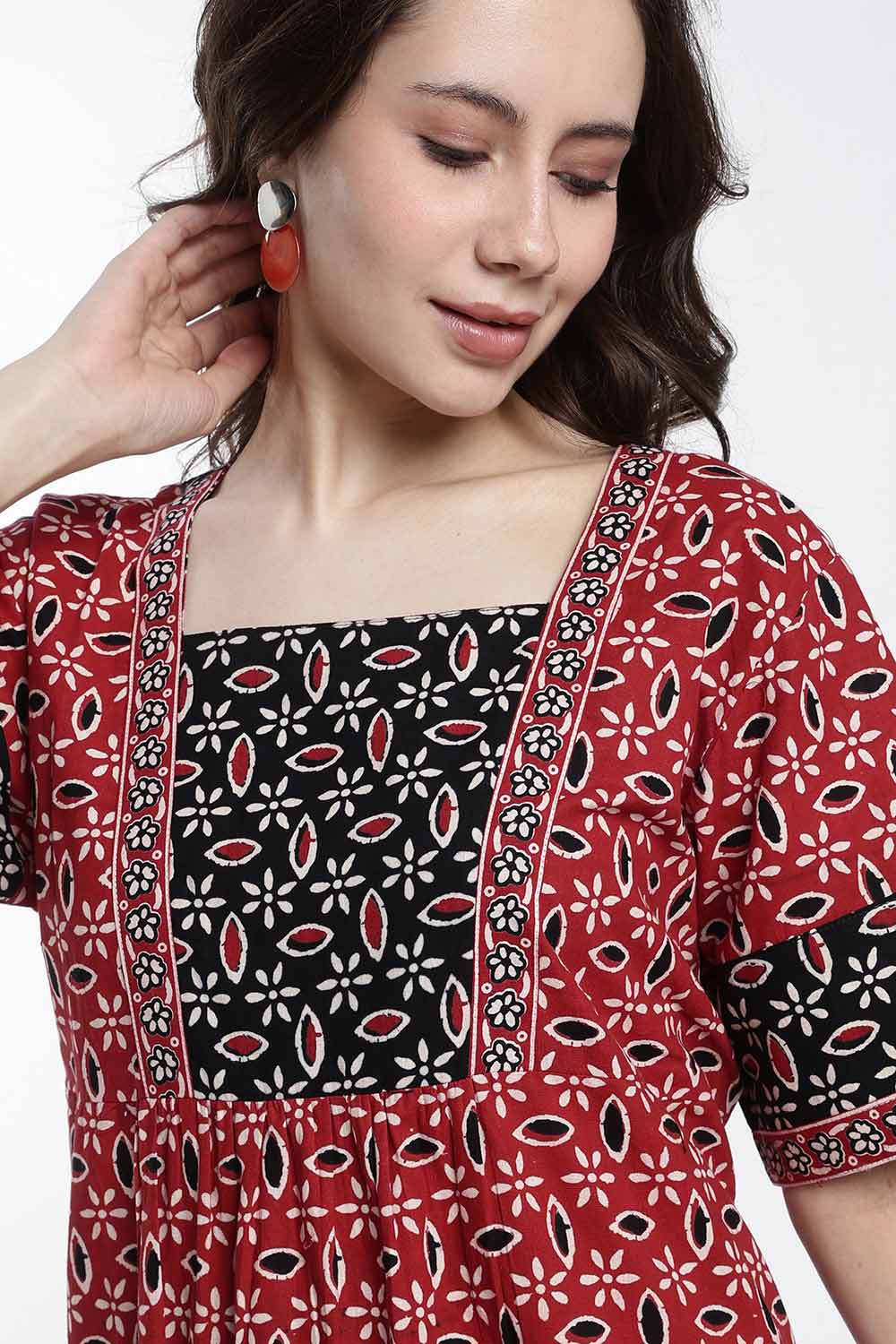 Naidu Hall Women’s Printed Cotton Nighty – Full Length Box Neck Nightdress with Patchwork Detail | Comfortable Women’s Sleepwear
 - NB48