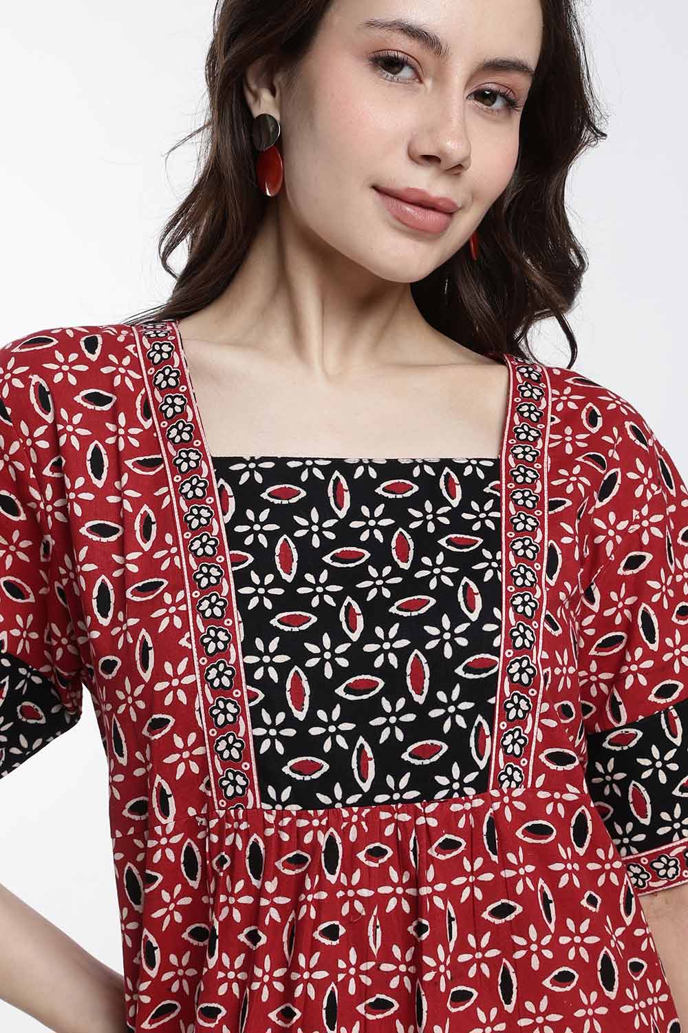 Naidu Hall Women’s Printed Cotton Nighty – Full Length Box Neck Nightdress with Patchwork Detail | Comfortable Women’s Sleepwear
 - NB48