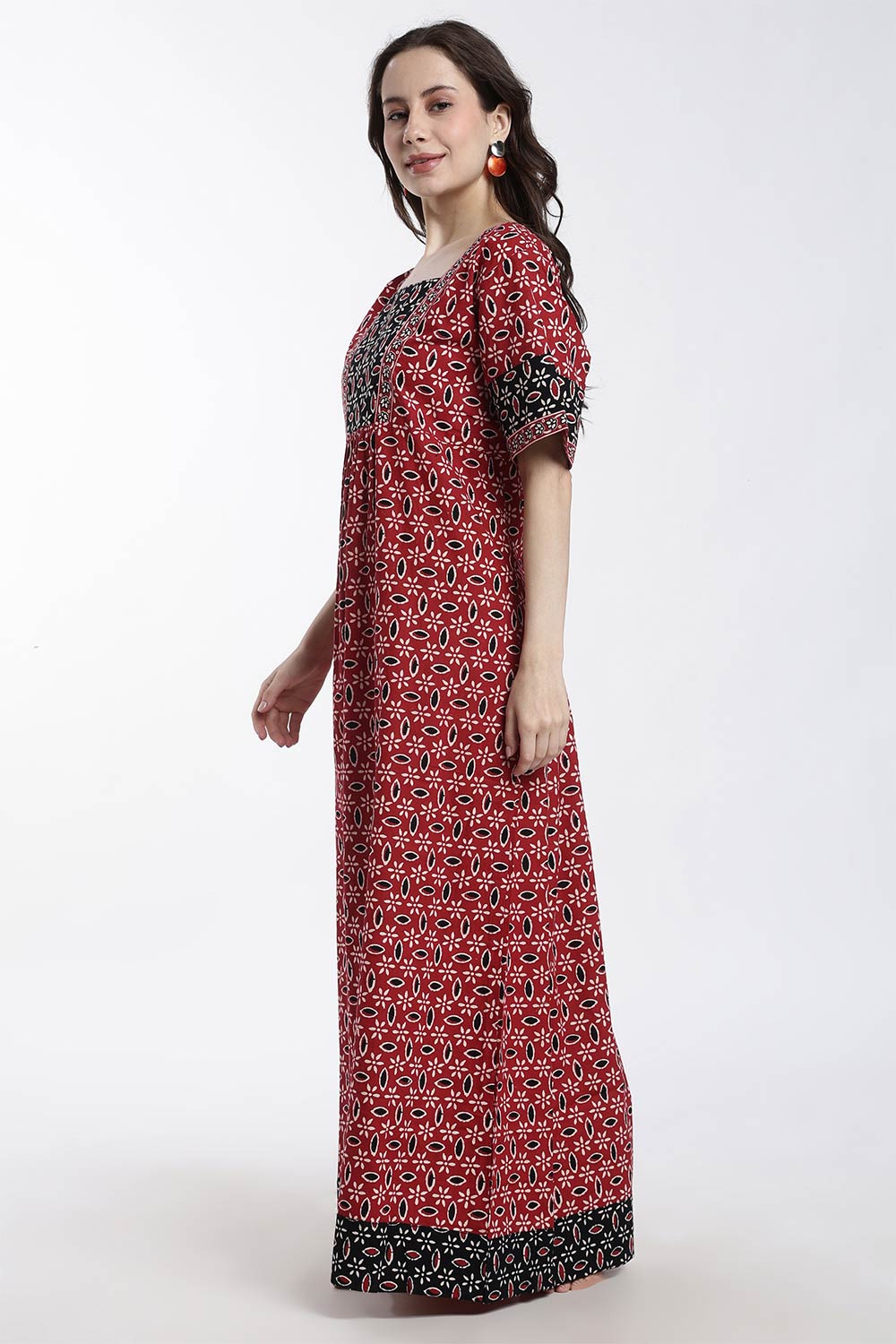 Naidu Hall Women’s Printed Cotton Nighty – Full Length Box Neck Nightdress with Patchwork Detail | Comfortable Women’s Sleepwear
 - NB48