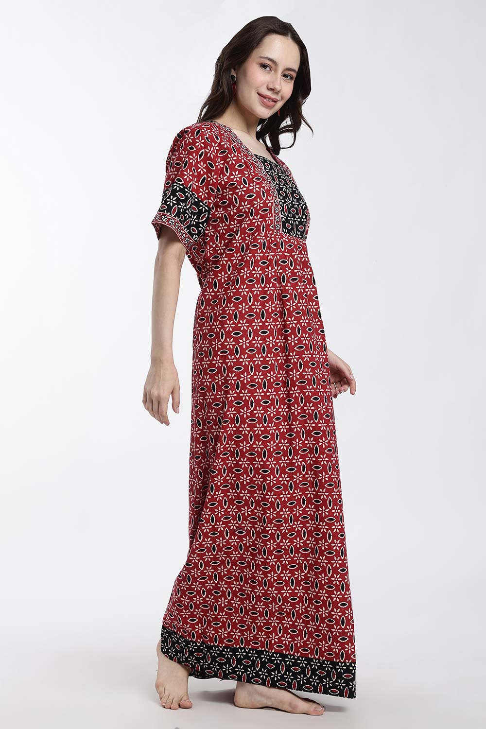 Naidu Hall Women’s Printed Cotton Nighty – Full Length Box Neck Nightdress with Patchwork Detail | Comfortable Women’s Sleepwear
 - NB48