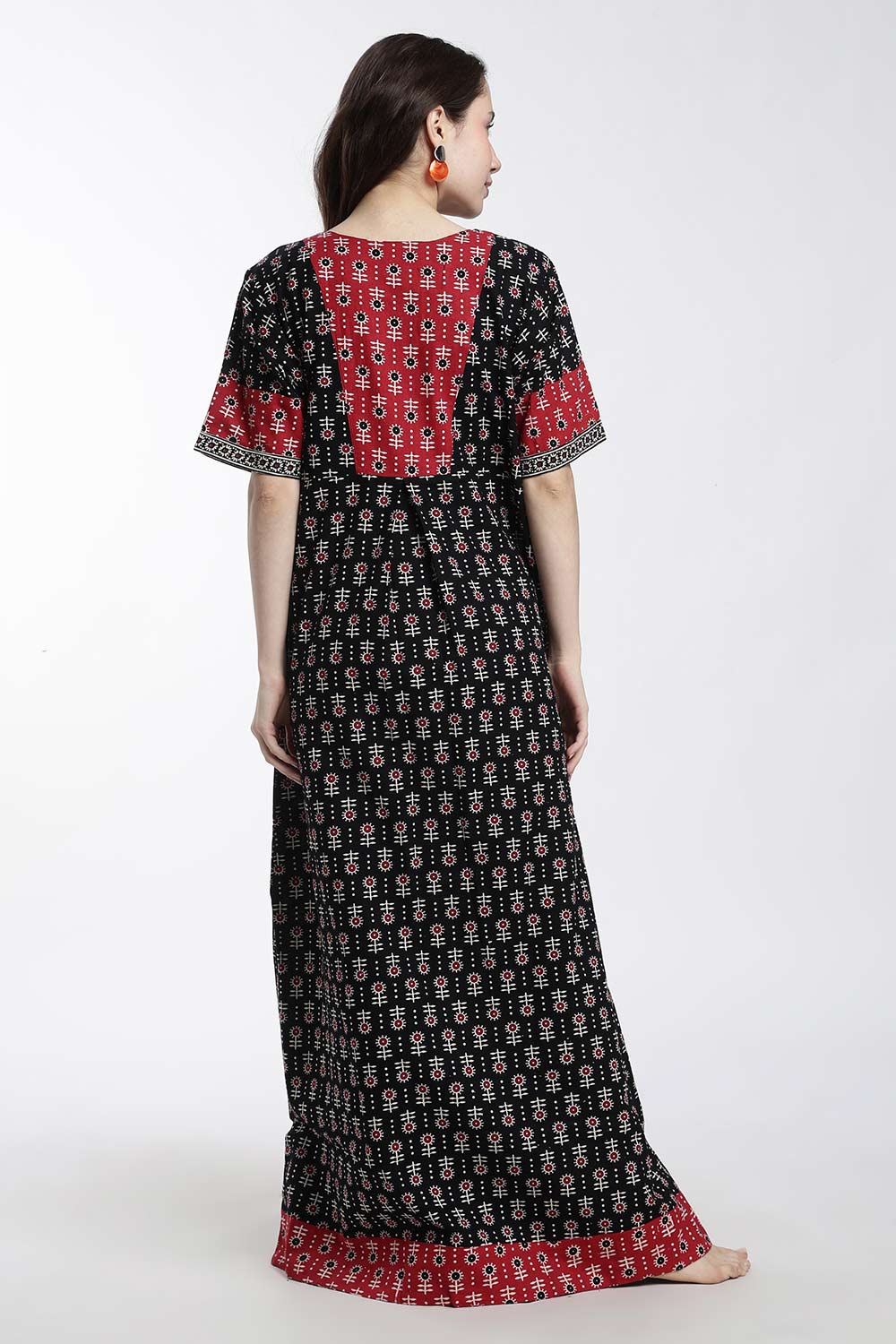 Naidu Hall Women’s Cotton Printed Nighty – Full Length Box Neck Sleepwear with Gathered Yoke & Patchwork Detail
 - NB49