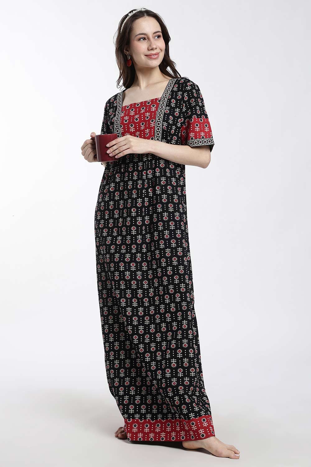 Naidu Hall Women’s Cotton Printed Nighty – Full Length Box Neck Sleepwear with Gathered Yoke & Patchwork Detail
 - NB49