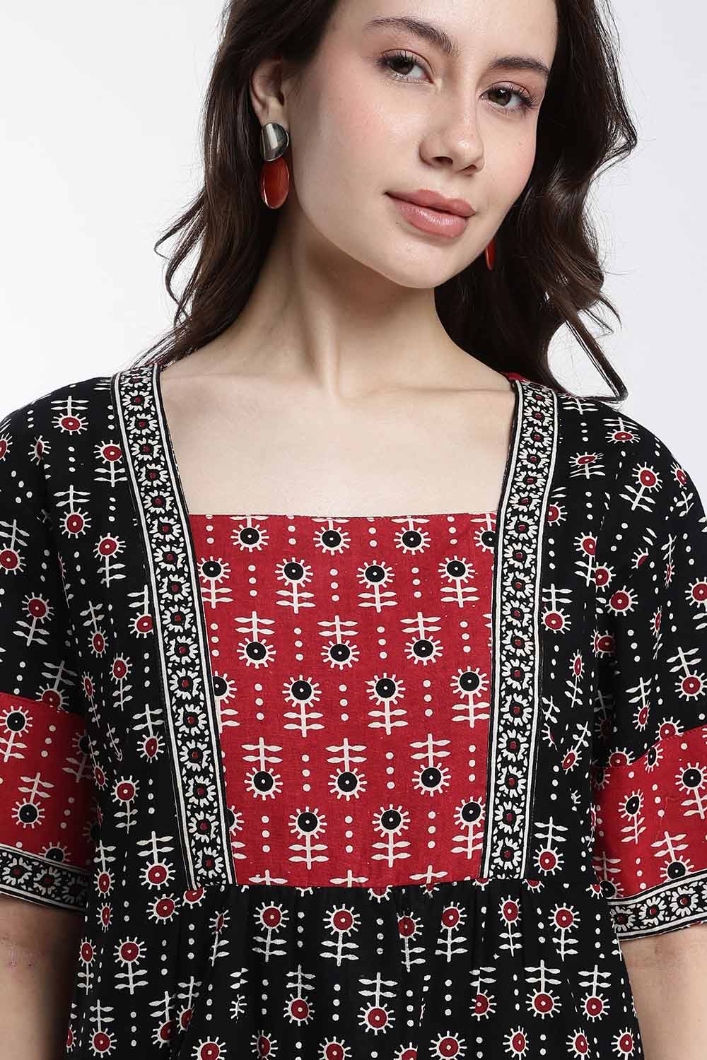 Naidu Hall Women’s Cotton Printed Nighty – Full Length Box Neck Sleepwear with Gathered Yoke & Patchwork Detail
 - NB49