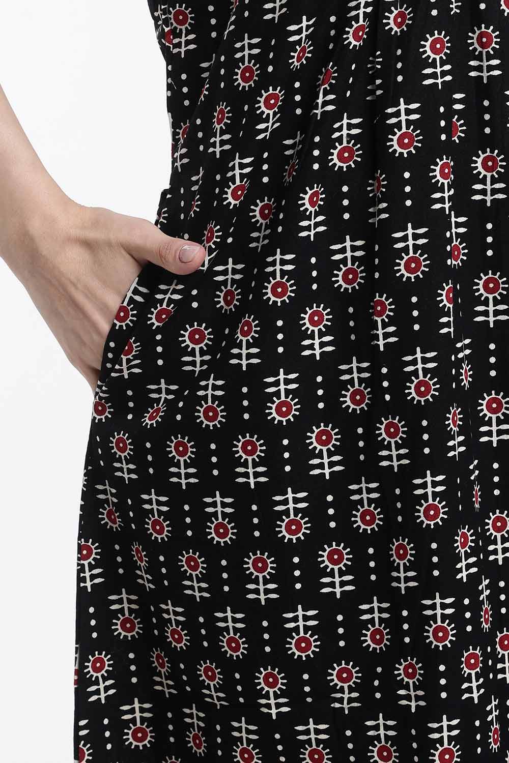 Naidu Hall Women’s Cotton Printed Nighty – Full Length Box Neck Sleepwear with Gathered Yoke & Patchwork Detail
 - NB49