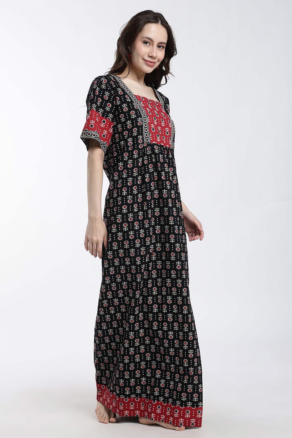 Naidu Hall Women’s Cotton Printed Nighty – Full Length Box Neck Sleepwear with Gathered Yoke & Patchwork Detail
 - NB49