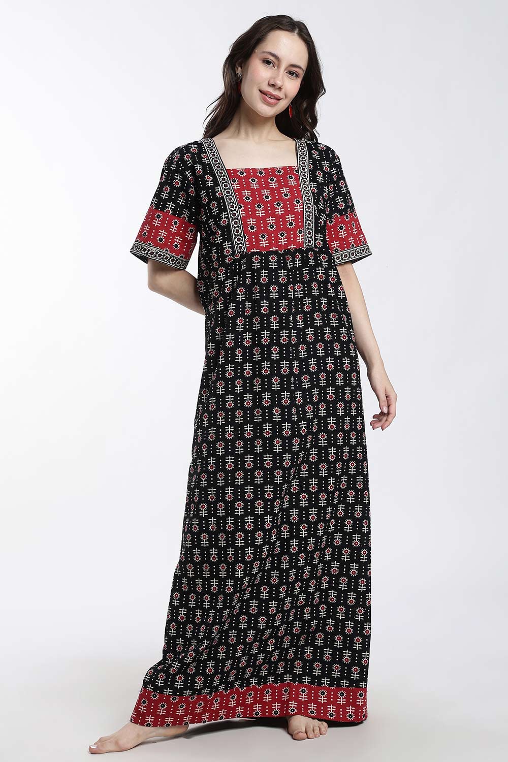 Naidu Hall Women’s Cotton Printed Nighty – Full Length Box Neck Sleepwear with Gathered Yoke & Patchwork Detail
 - NB49