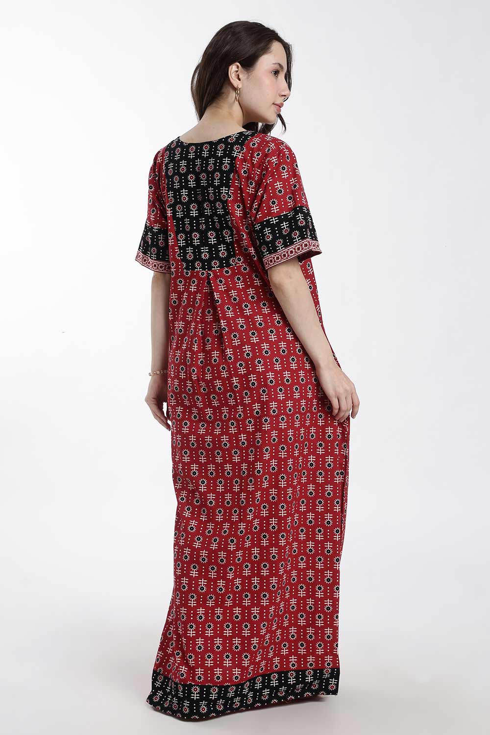 Naidu Hall Women’s Cotton Printed Nighty – Full Length Box Neck Sleepwear with Gathered Yoke & Patchwork Detail
 - NB49