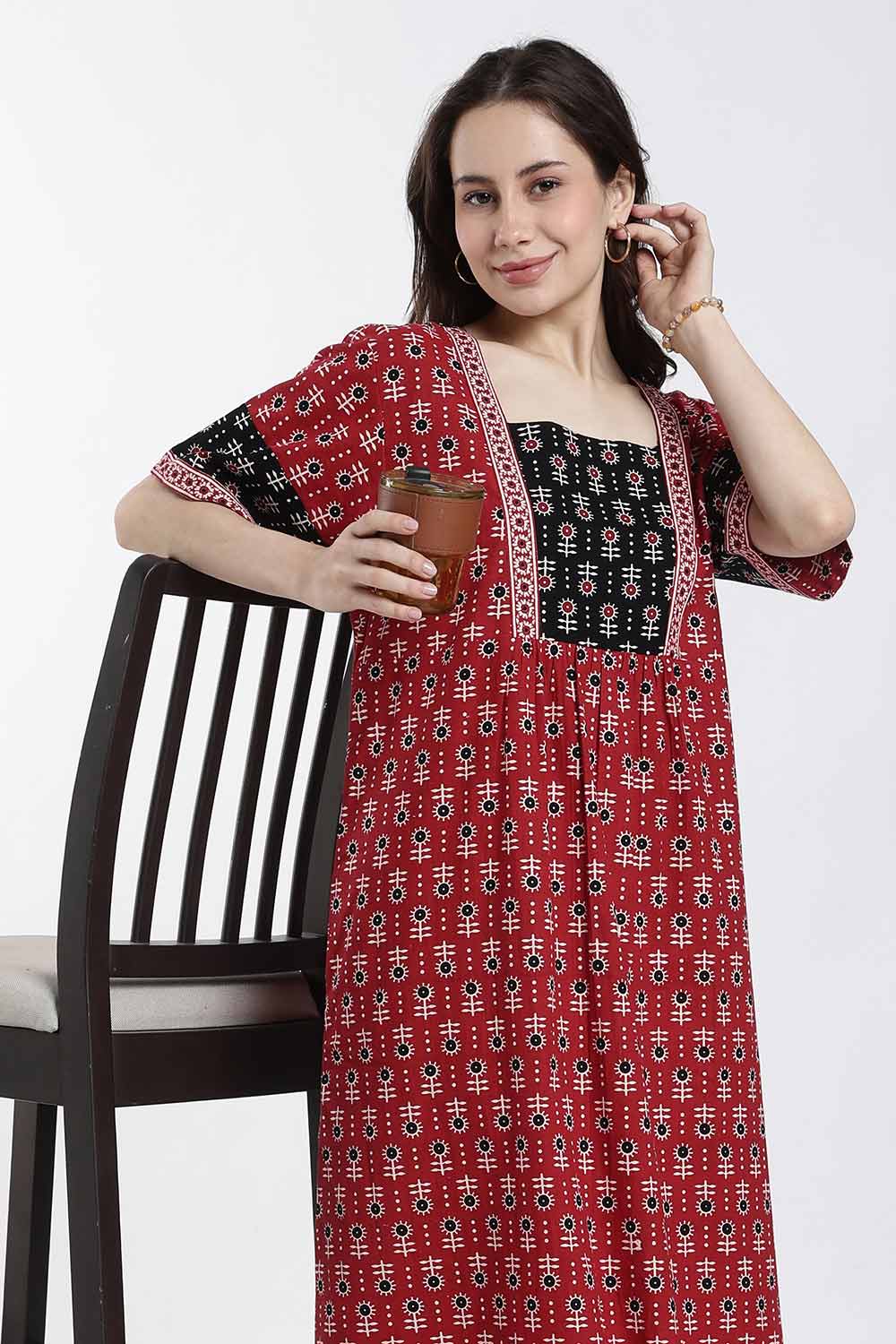 Naidu Hall Women’s Cotton Printed Nighty – Full Length Box Neck Sleepwear with Gathered Yoke & Patchwork Detail
 - NB49