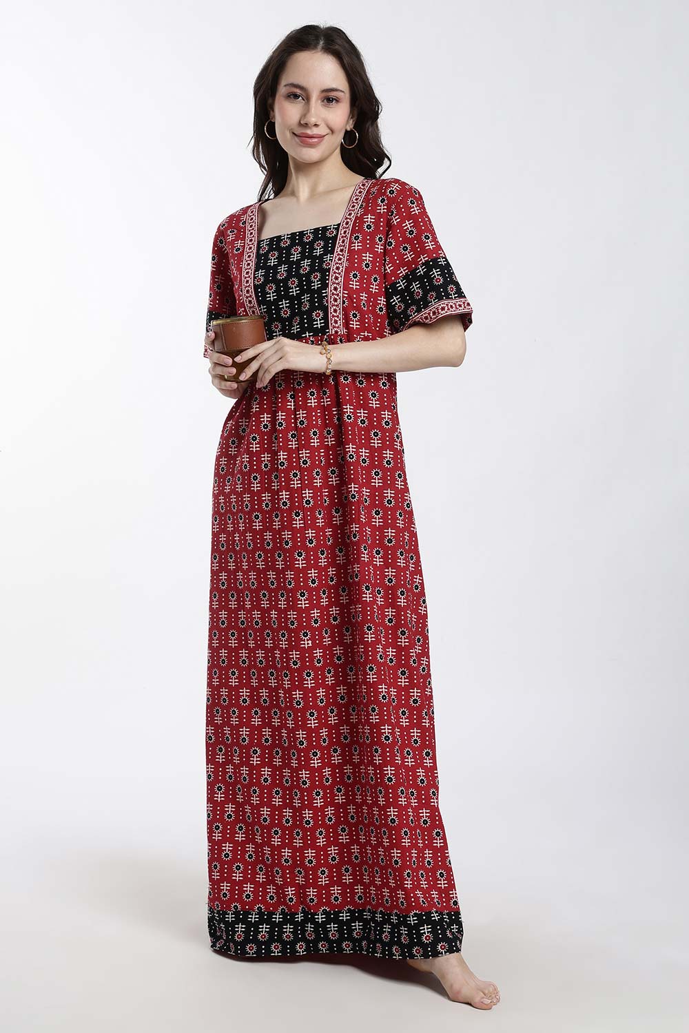 Naidu Hall Women’s Cotton Printed Nighty – Full Length Box Neck Sleepwear with Gathered Yoke & Patchwork Detail
 - NB49