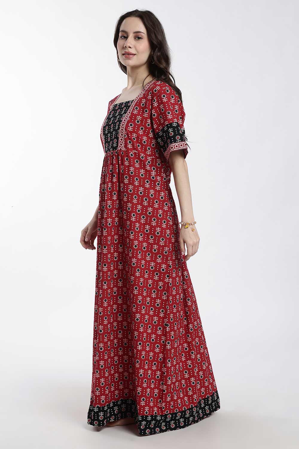Naidu Hall Women’s Cotton Printed Nighty – Full Length Box Neck Sleepwear with Gathered Yoke & Patchwork Detail
 - NB49