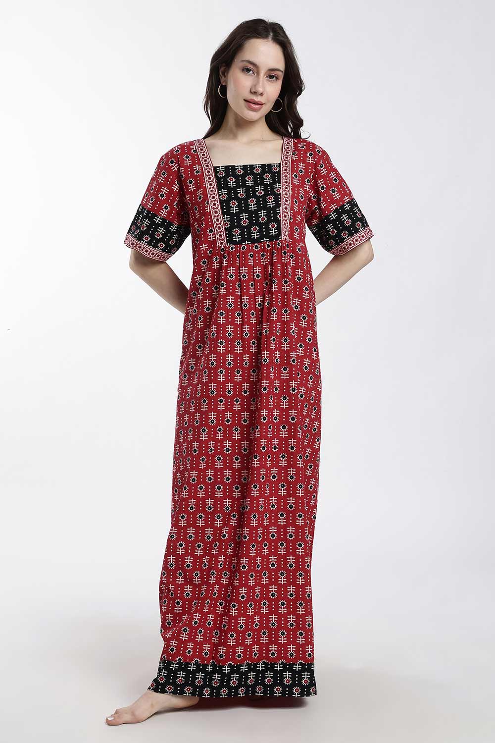 Naidu Hall Women’s Cotton Printed Nighty – Full Length Box Neck Sleepwear with Gathered Yoke & Patchwork Detail
 - NB49