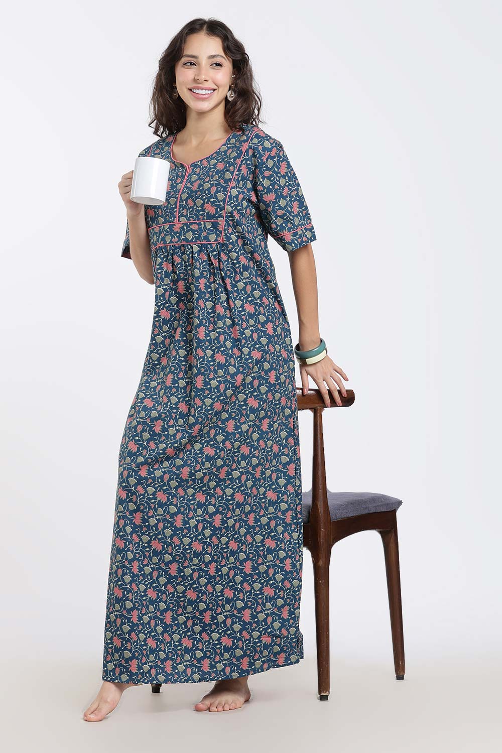 Naidu Hall Printed Cotton Nighty for Women – Full Length Relaxed Fit Sleepwear with V-Slit Neck & Panel Design | Comfortable Daily Wear Nighty
 - NF40