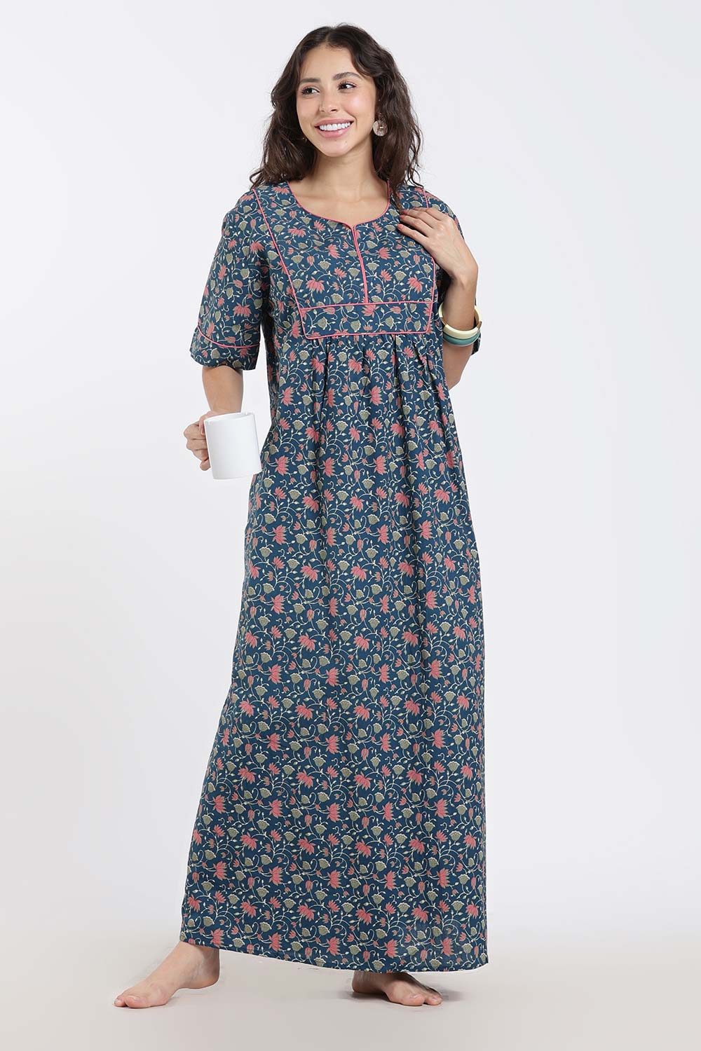 Naidu Hall Printed Cotton Nighty for Women – Full Length Relaxed Fit Sleepwear with V-Slit Neck & Panel Design | Comfortable Daily Wear Nighty
 - NF40