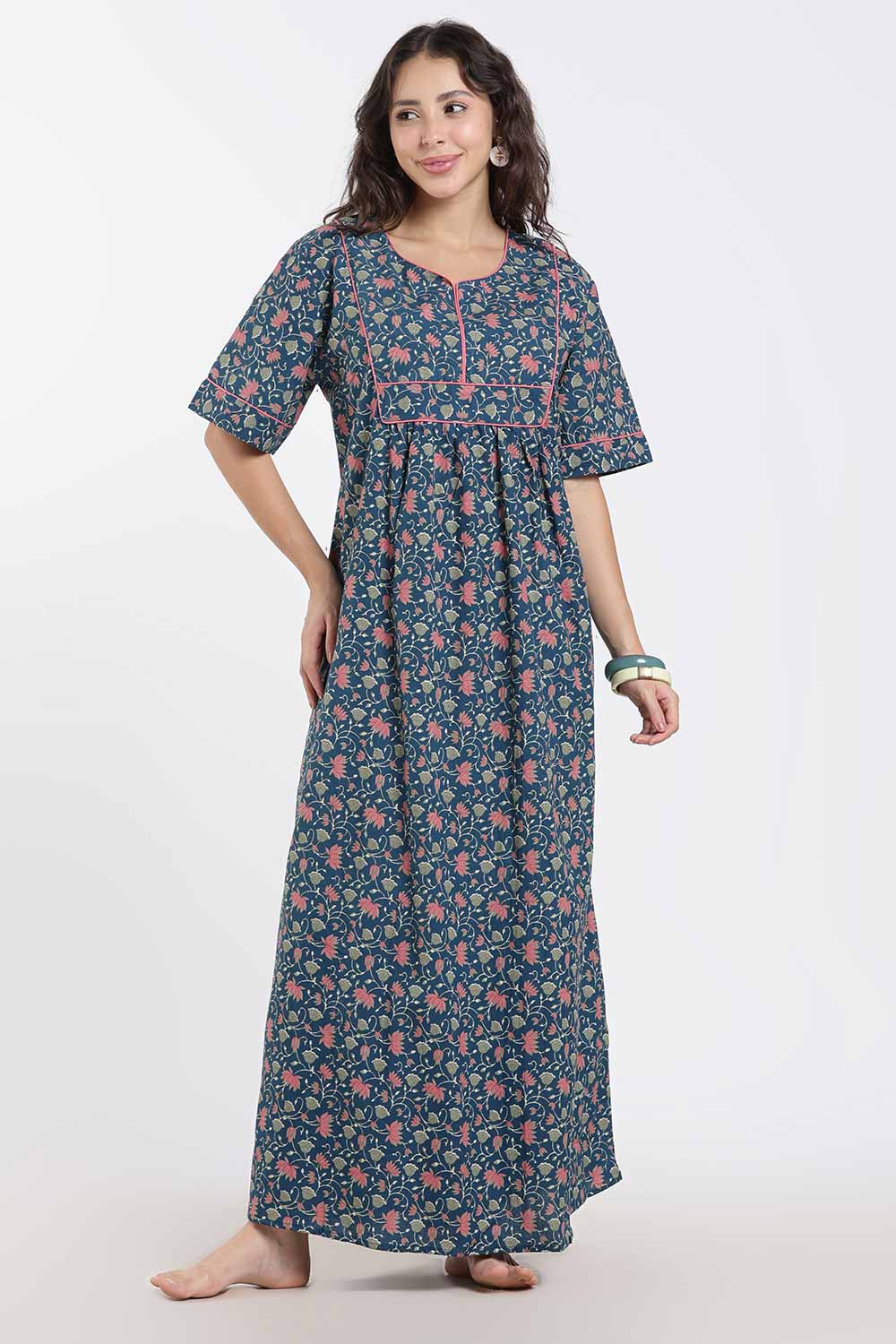 Naidu Hall Printed Cotton Nighty for Women – Full Length Relaxed Fit Sleepwear with V-Slit Neck & Panel Design | Comfortable Daily Wear Nighty
 - NF40