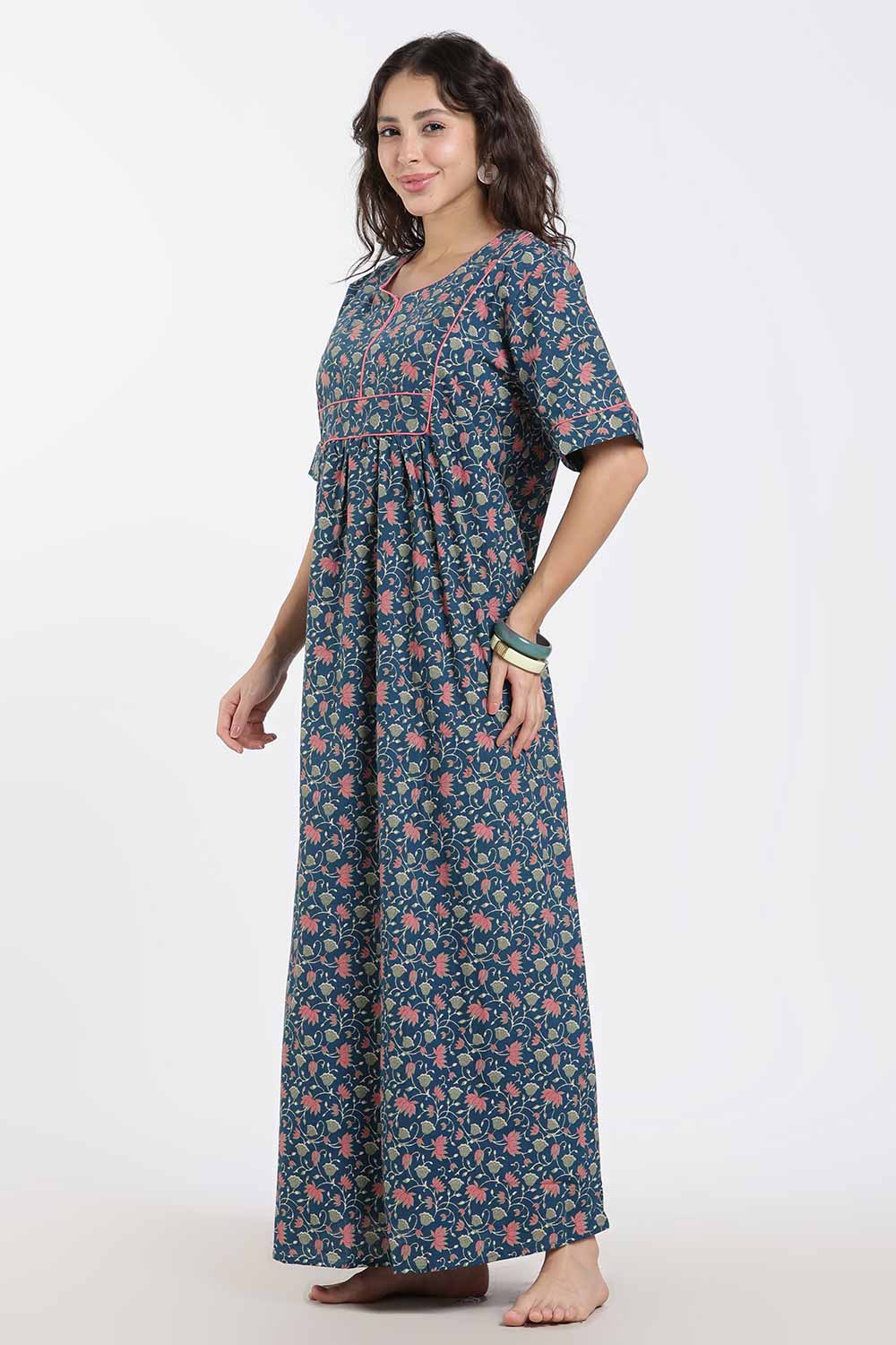 Naidu Hall Printed Cotton Nighty for Women – Full Length Relaxed Fit Sleepwear with V-Slit Neck & Panel Design | Comfortable Daily Wear Nighty
 - NF40