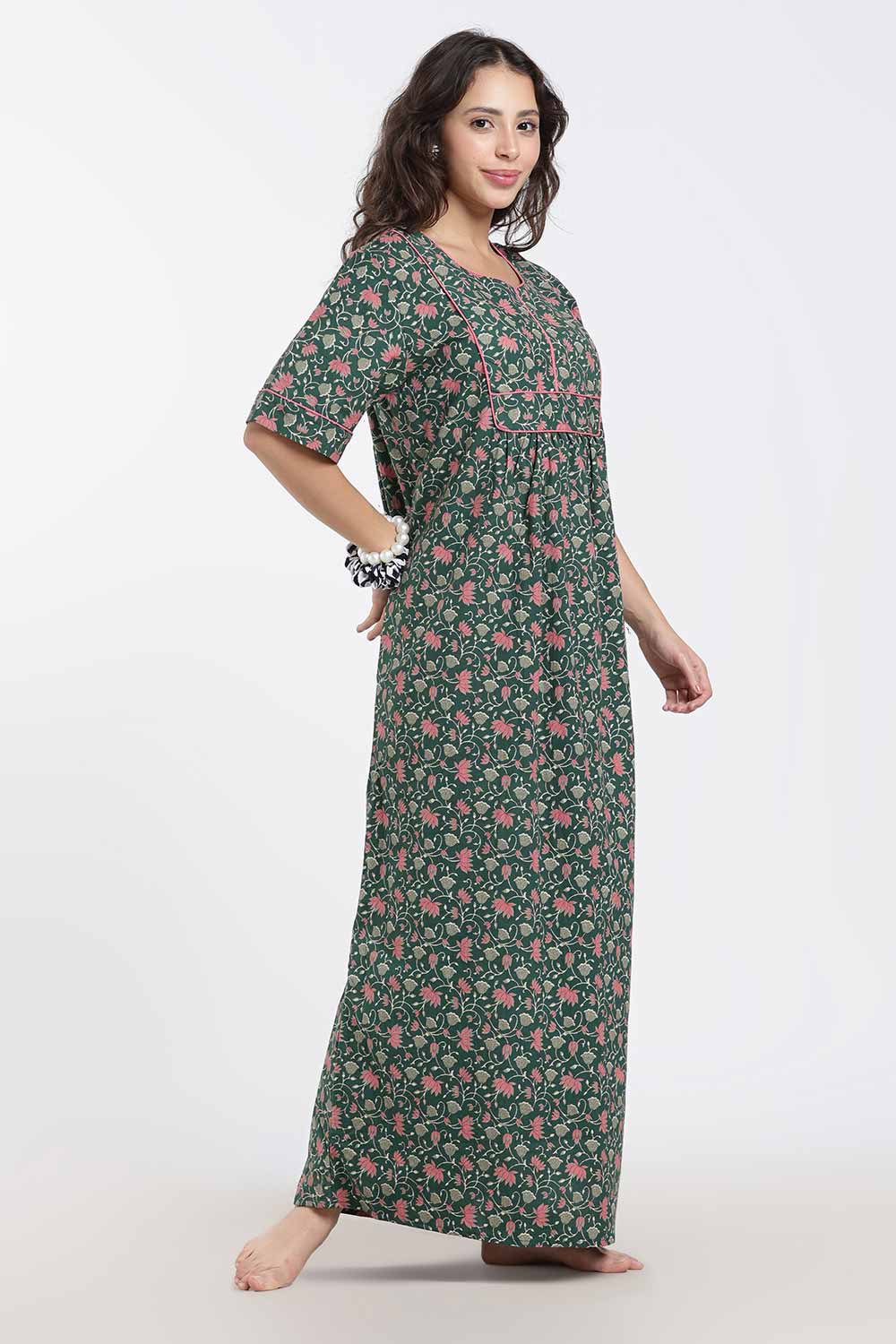 Naidu Hall Printed Cotton Nighty for Women – Full Length Relaxed Fit Sleepwear with V-Slit Neck & Panel Design | Comfortable Daily Wear Nighty
 - NF40