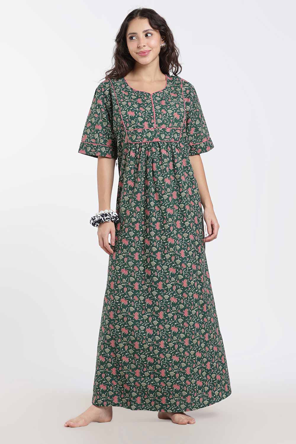 Naidu Hall Printed Cotton Nighty for Women – Full Length Relaxed Fit Sleepwear with V-Slit Neck & Panel Design | Comfortable Daily Wear Nighty
 - NF40