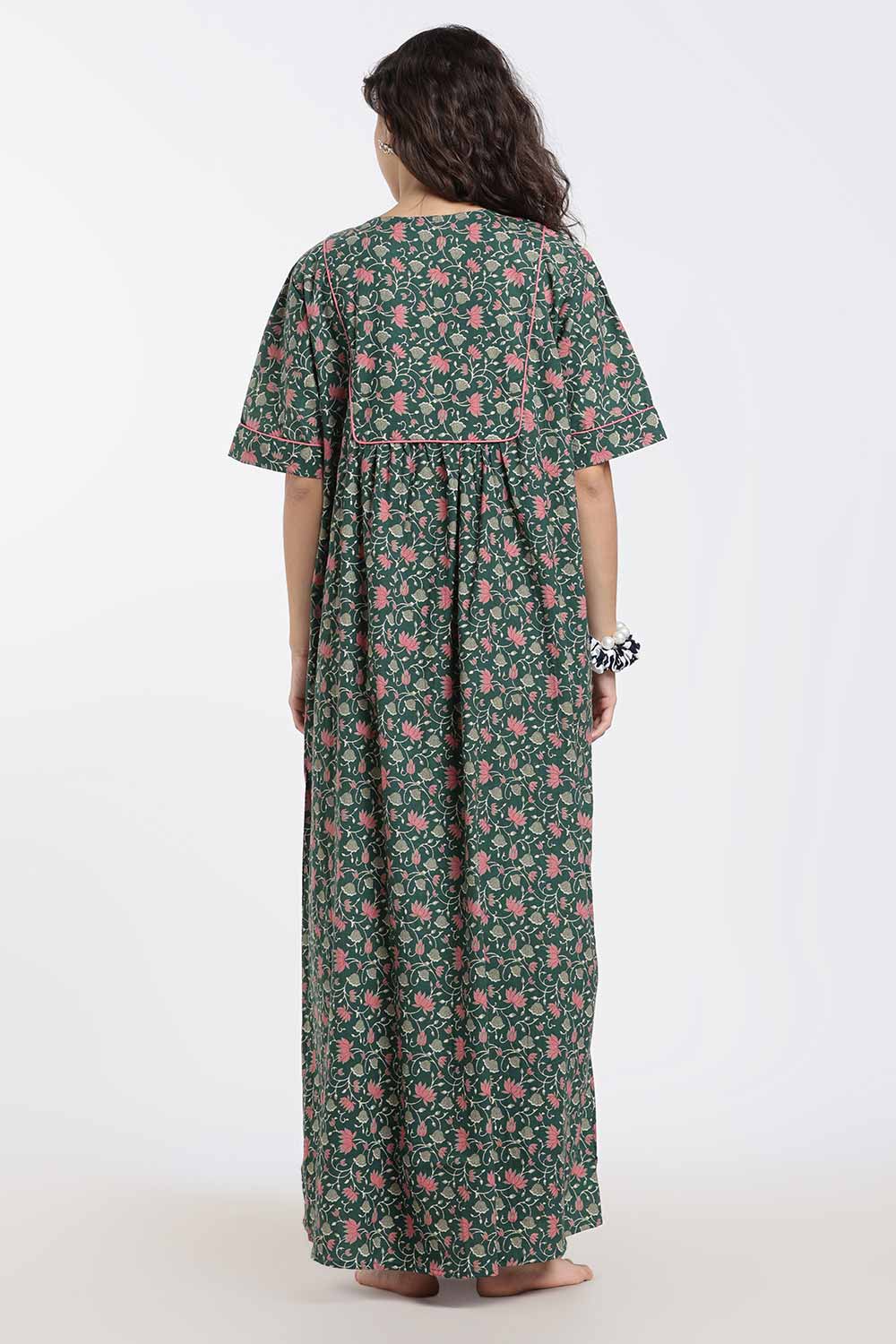 Naidu Hall Printed Cotton Nighty for Women – Full Length Relaxed Fit Sleepwear with V-Slit Neck & Panel Design | Comfortable Daily Wear Nighty
 - NF40