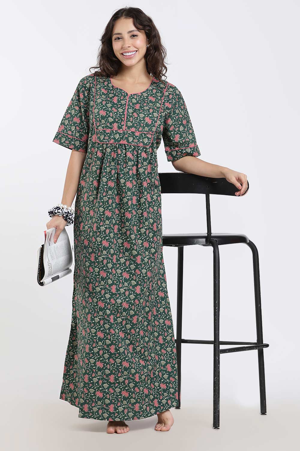 Naidu Hall Printed Cotton Nighty for Women – Full Length Relaxed Fit Sleepwear with V-Slit Neck & Panel Design | Comfortable Daily Wear Nighty
 - NF40