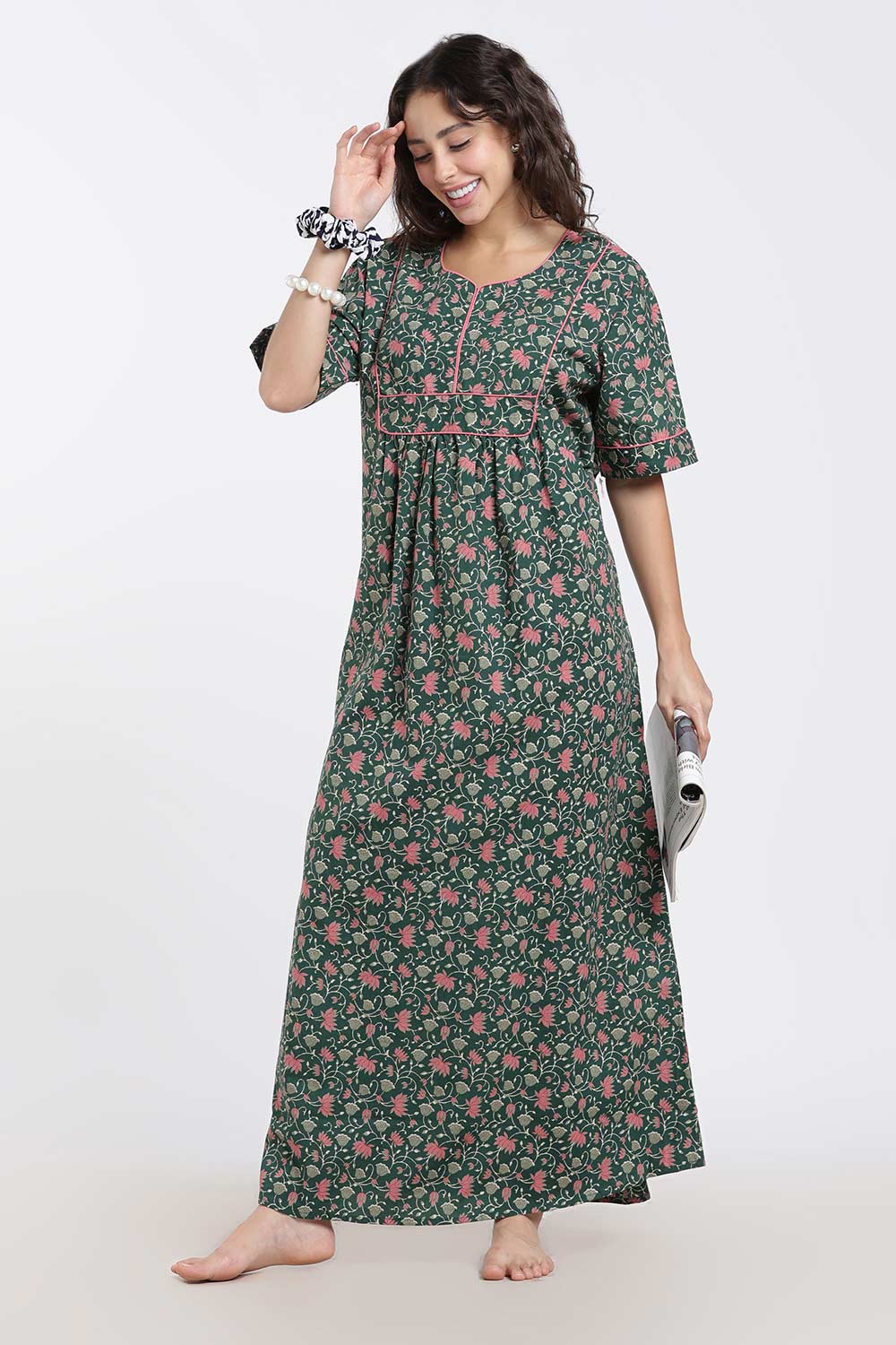 Naidu Hall Printed Cotton Nighty for Women – Full Length Relaxed Fit Sleepwear with V-Slit Neck & Panel Design | Comfortable Daily Wear Nighty
 - NF40