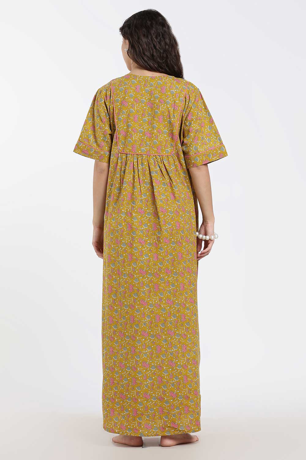 Naidu Hall Printed Cotton Nighty for Women – Full Length Relaxed Fit Sleepwear with V-Slit Neck & Panel Design | Comfortable Daily Wear Nighty
 - NF40