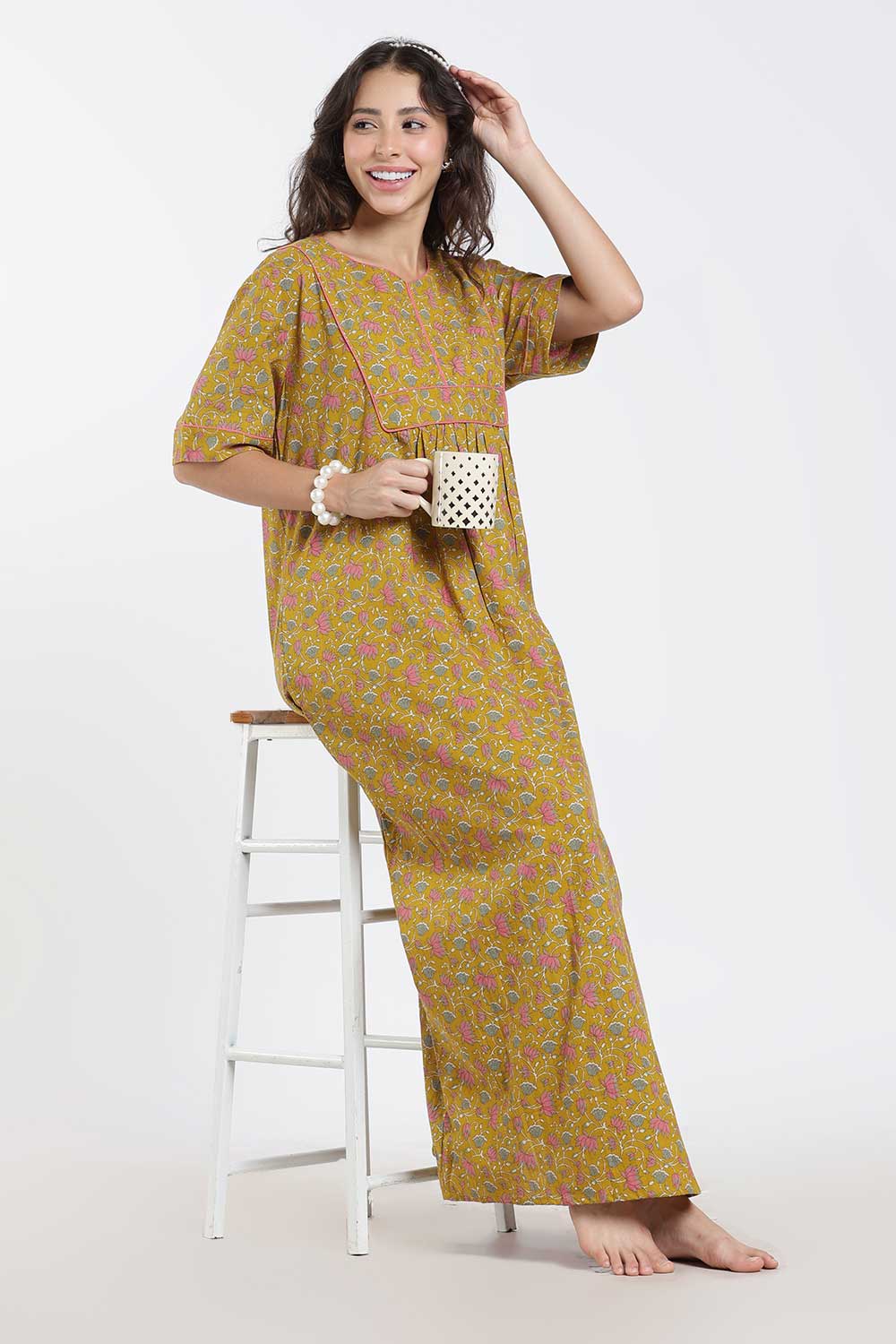 Naidu Hall Printed Cotton Nighty for Women – Full Length Relaxed Fit Sleepwear with V-Slit Neck & Panel Design | Comfortable Daily Wear Nighty
 - NF40