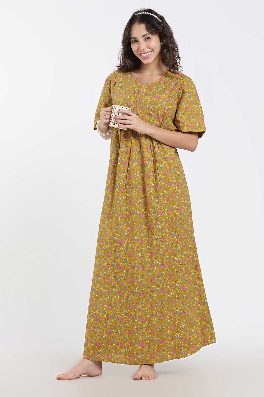 Naidu Hall Printed Cotton Nighty for Women – Full Length Relaxed Fit Sleepwear with V-Slit Neck & Panel Design | Comfortable Daily Wear Nighty
 - NF40