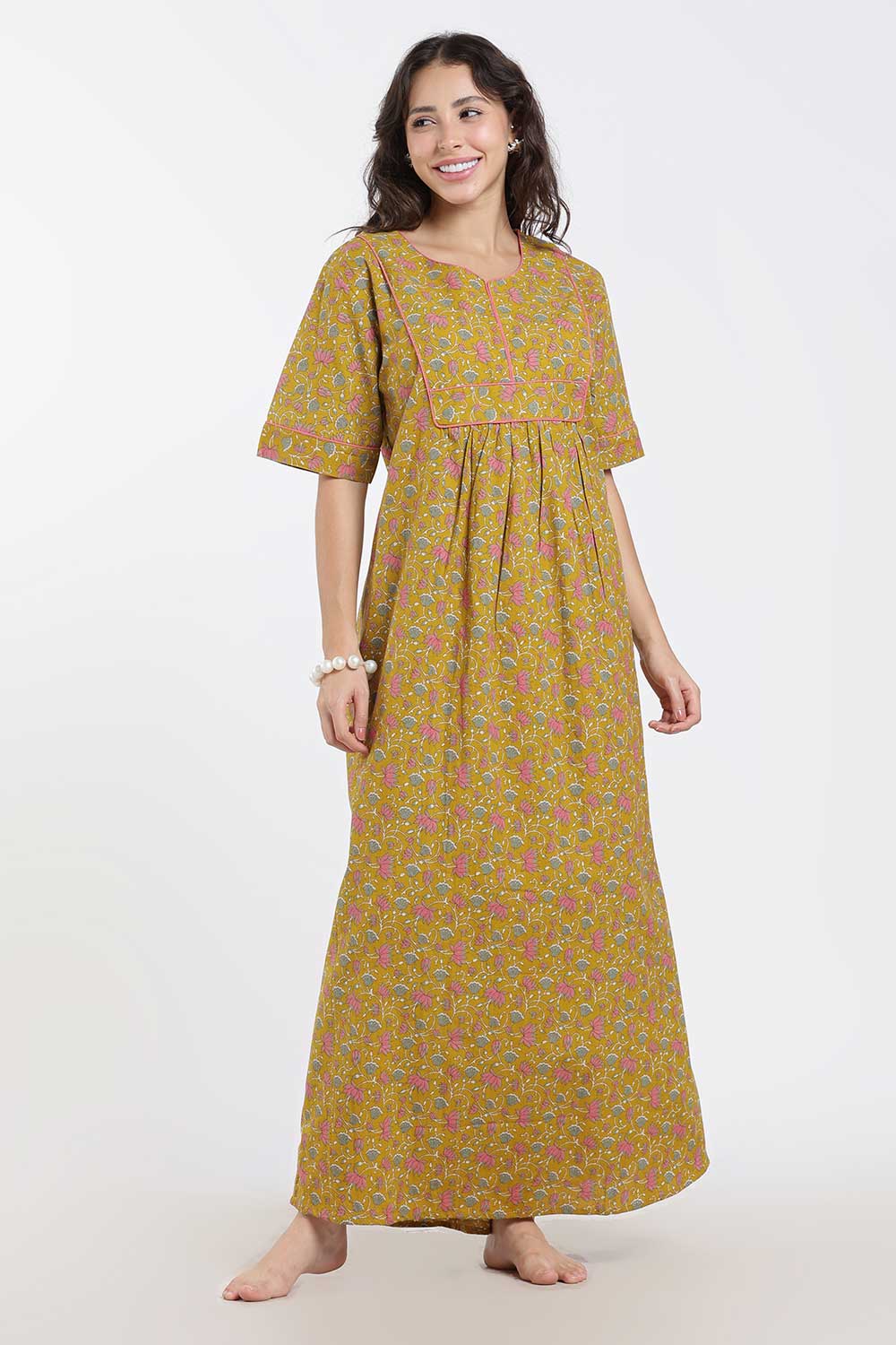 Naidu Hall Printed Cotton Nighty for Women – Full Length Relaxed Fit Sleepwear with V-Slit Neck & Panel Design | Comfortable Daily Wear Nighty
 - NF40
