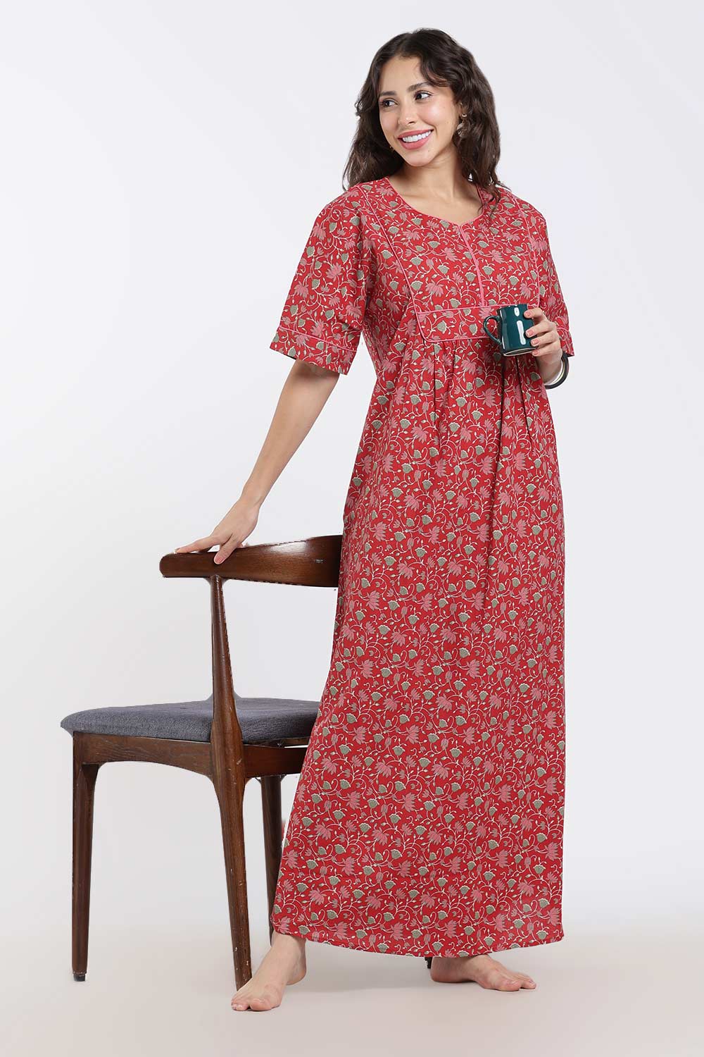 Naidu Hall Printed Cotton Nighty for Women – Full Length Relaxed Fit Sleepwear with V-Slit Neck & Panel Design | Comfortable Daily Wear Nighty
 - NF40